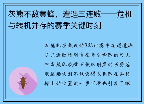 灰熊不敌黄蜂，遭遇三连败——危机与转机并存的赛季关键时刻